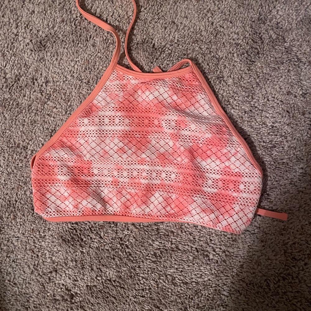Coral and White high neck crochet Halter Bikini Top